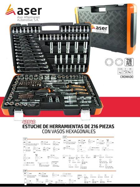 Caja de herramienta 216 piezas vasos hexagonales cromados